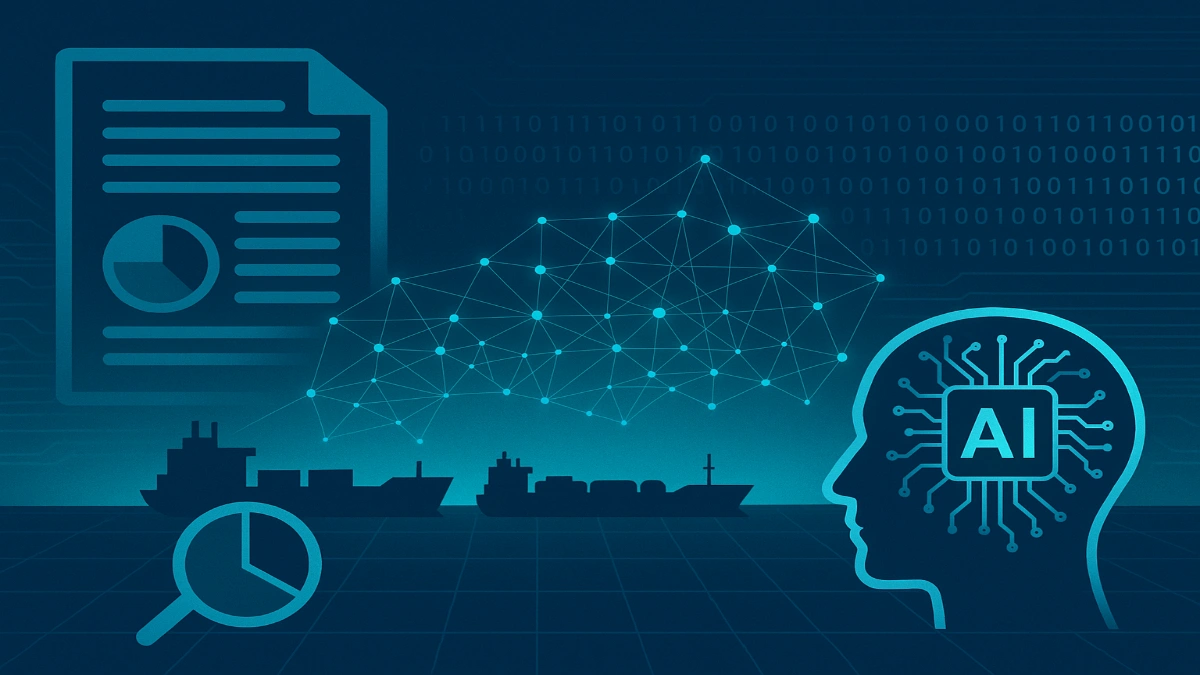 A digital illustration representing data analysis and AI in maritime logistics. On the left, a stylized document with a magnifying glass and pie chart symbolizes data review. The center features silhouettes of cargo and tanker ships beneath a network of interconnected data points. On the right, a human head silhouette filled with circuit lines and labeled 'AI' signifies artificial intelligence. The background uses shades of blue with binary code patterns, suggesting digital connectivity and analysis.