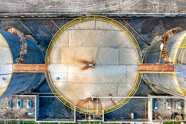 Top view vantage of a shore tank at refinery.